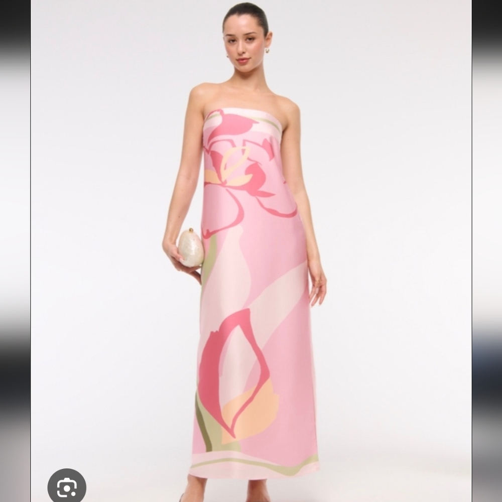 New Abercrombie & Fitch Pink Satin Floral Strapless Dress
